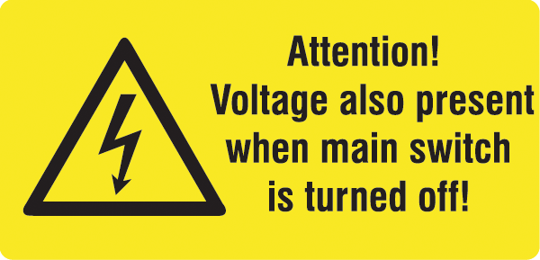 Warnzeichenaufkleber Elektro .075- Attention! Voltage also present when ...