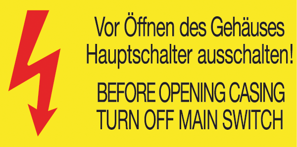Warnzeichenaufkleber Elektro .102- Vor Öffnen des Gehäuses Hauptschalter ausschalten! (alt)