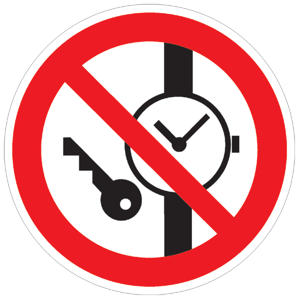 Verbotszeichenaufkleber alt .022-Mitführen von Metallteilen oder Uhren verboten (alt)